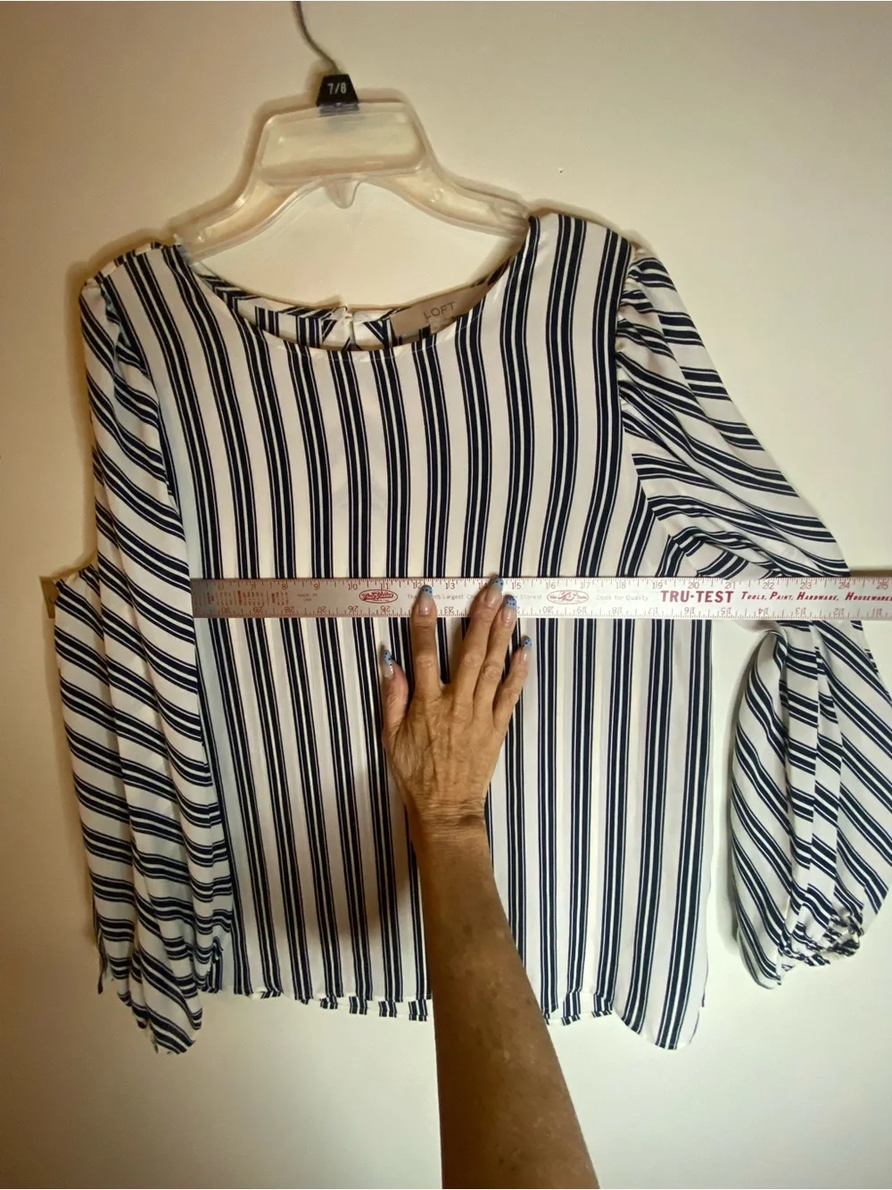LOFT White Blouse with Navy Vertical Stripes